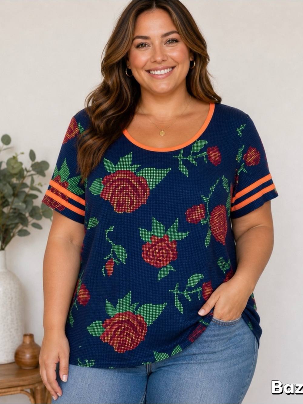 Sz L LuLaRoe Pixalated Roses Short Sleeve Top Womens Tee Shirt